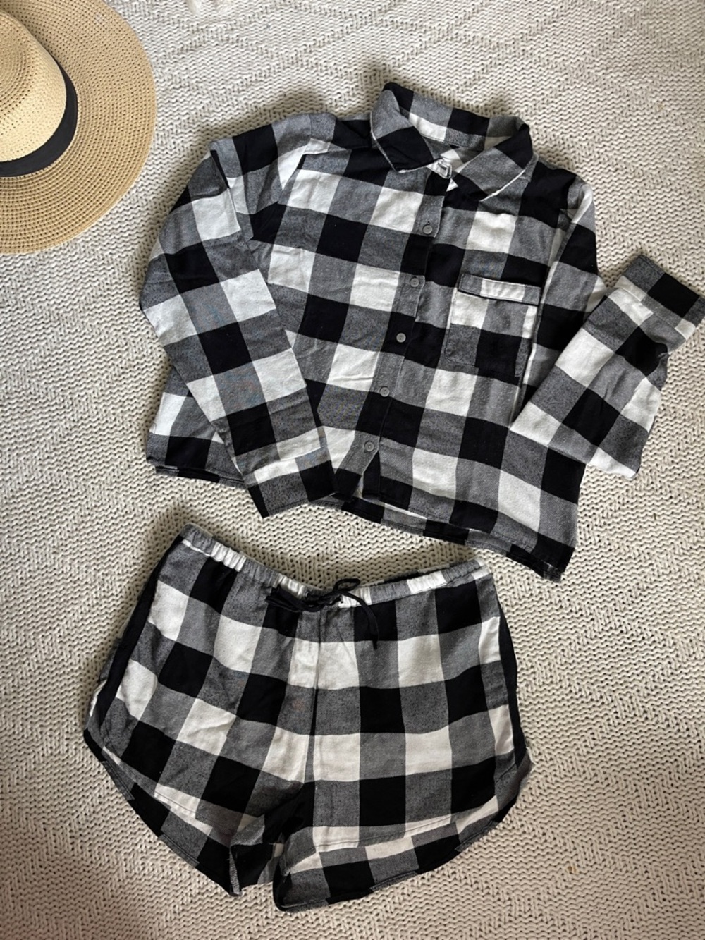 Colsie Buffalo Plaid Pajama Set Black White Shorts Lounge Cozy Sleepwear M
